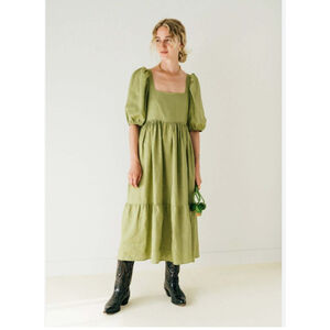 A Bronze Age Serenity Puff Dress | 100% Linen | Size M | Fern Green | EUC